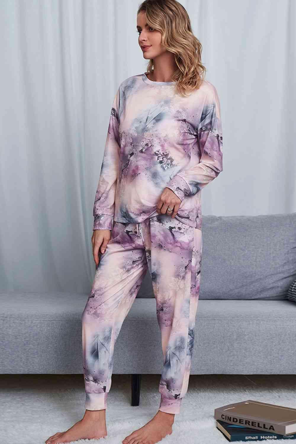 Tie-Dye Crewneck Top and Drawstring Waist Joggers Lounge Set Carauana Store