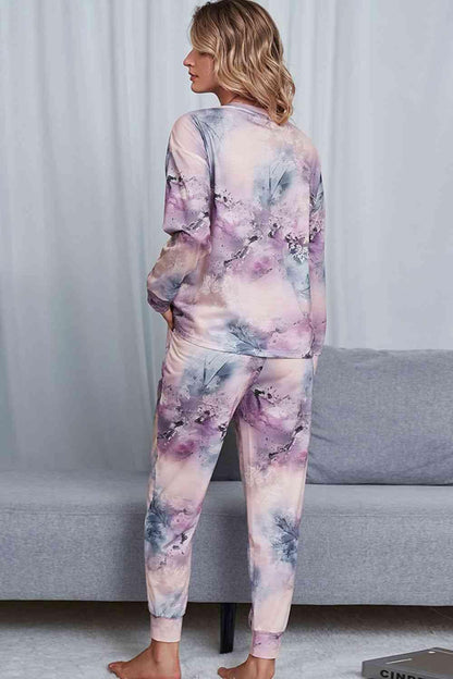 Tie-Dye Crewneck Top and Drawstring Waist Joggers Lounge Set Carauana Store