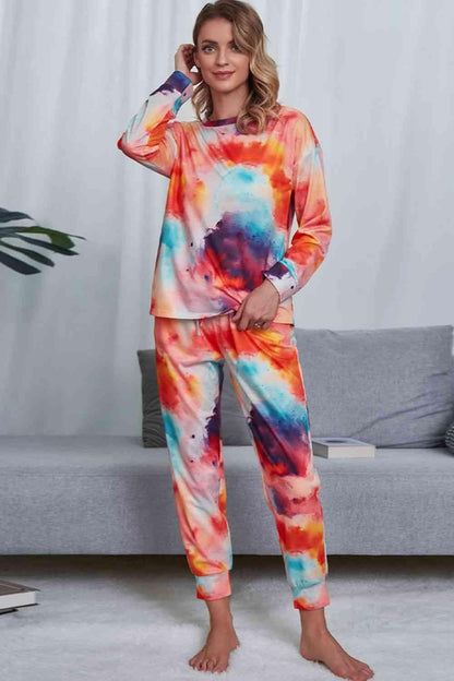 Tie-Dye Crewneck Top and Drawstring Waist Joggers Lounge Set Carauana Store