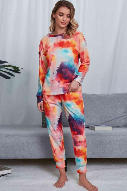 Tie-Dye Crewneck Top and Drawstring Waist Joggers Lounge Set Carauana Store