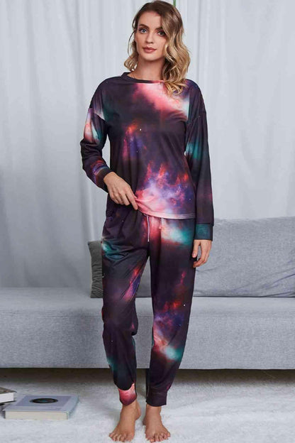 Tie-Dye Crewneck Top and Drawstring Waist Joggers Lounge Set Carauana Store