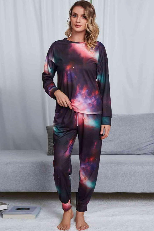 Tie-Dye Crewneck Top and Drawstring Waist Joggers Lounge Set Carauana Store