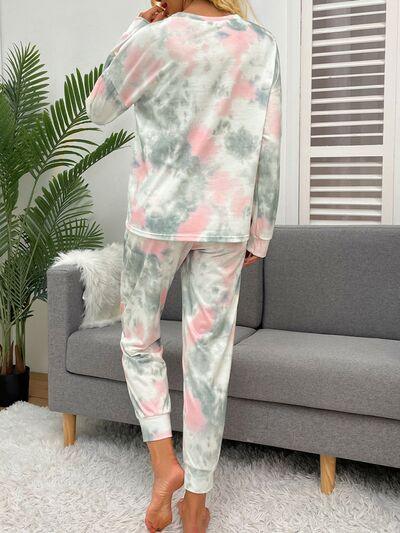 Tie-Dye Round Neck Top and Drawstring Pants Lounge Set Carauana Store