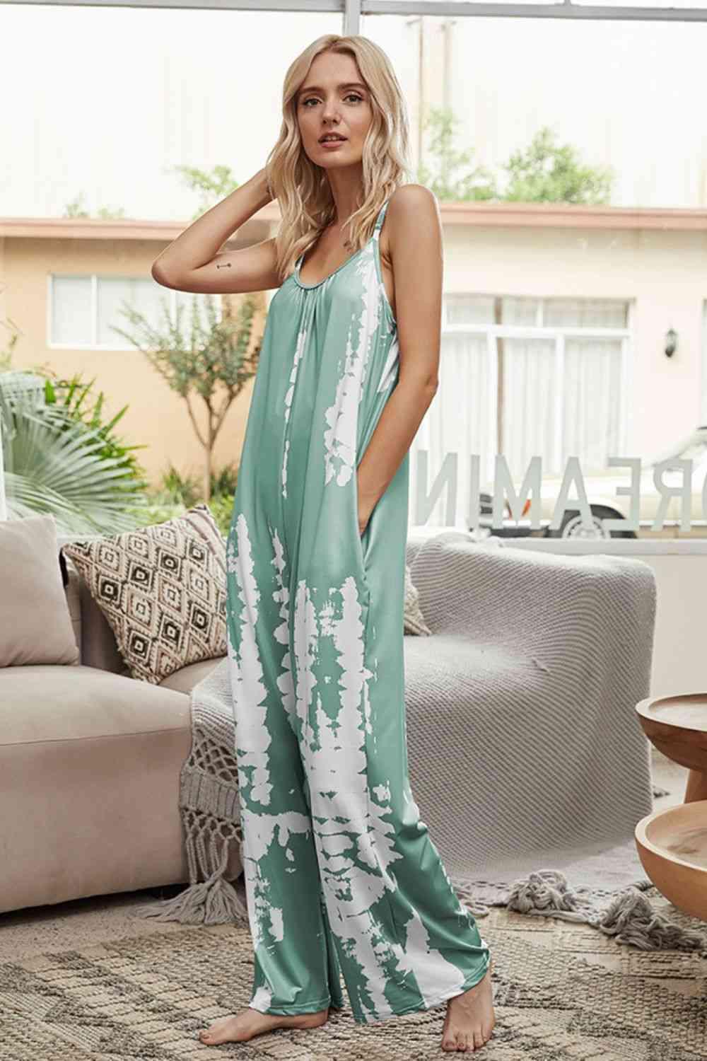 Tie-Dye Spaghetti Strap Jumpsuit with Pockets Carauana Store