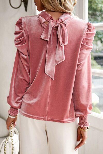 Tie Up Mock Neck Velvet Fabric Long Sleeve Blouse Carauana Store