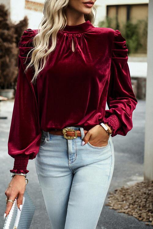 Tie Up Mock Neck Velvet Fabric Long Sleeve Blouse Carauana Store