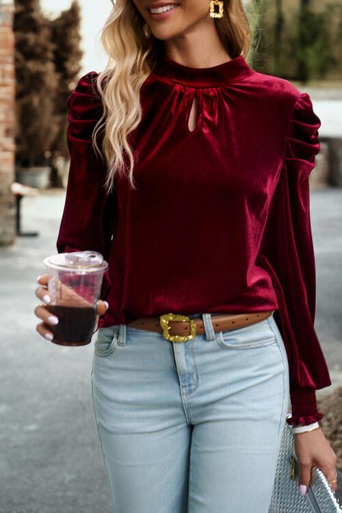 Tie Up Mock Neck Velvet Fabric Long Sleeve Blouse Carauana Store