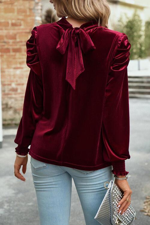 Tie Up Mock Neck Velvet Fabric Long Sleeve Blouse Carauana Store