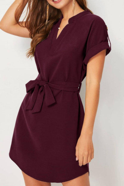 Tied Notched Short Sleeve Dress Carauana Store