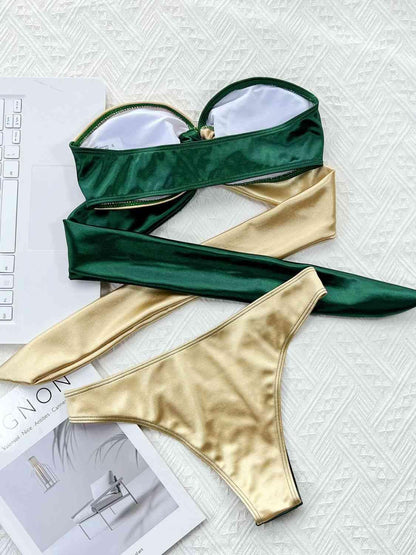 Two-Tone Ring Detail Tied Bikini Set Carauana Store
