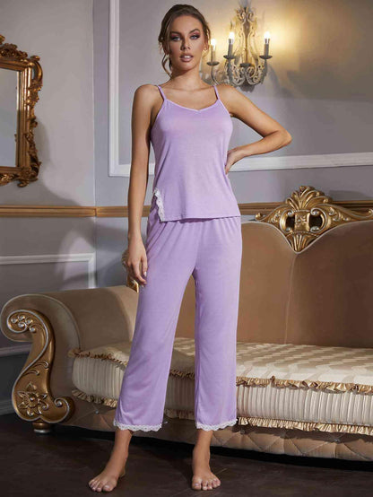 V-Neck Lace Trim Slit Cami and Pants Pajama Set Carauana Store