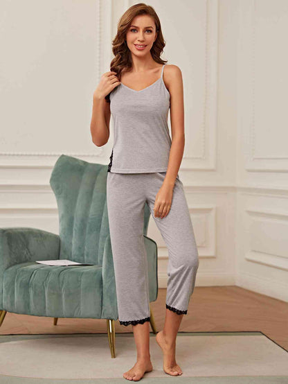 V-Neck Lace Trim Slit Cami and Pants Pajama Set Carauana Store