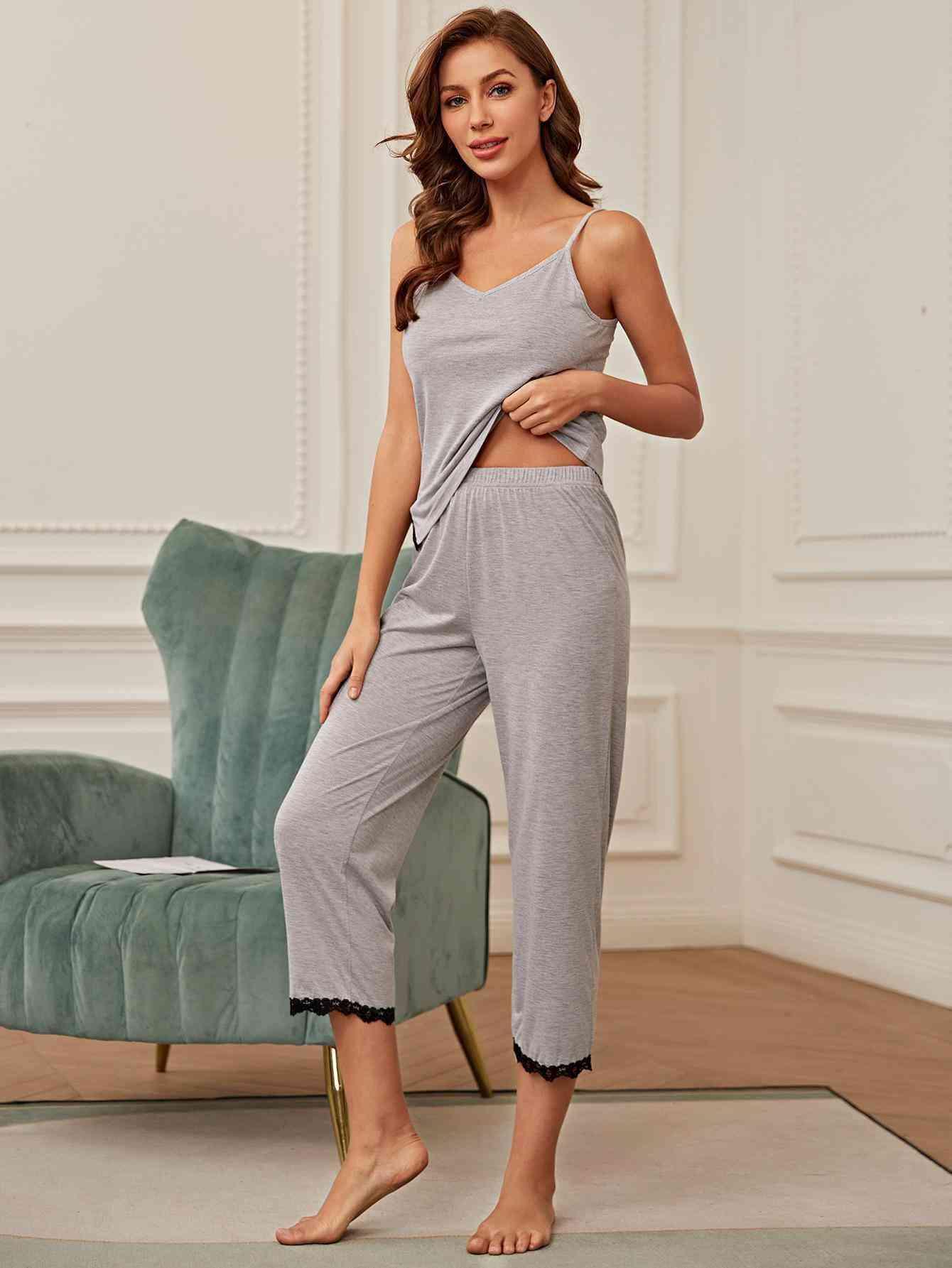 V-Neck Lace Trim Slit Cami and Pants Pajama Set Carauana Store
