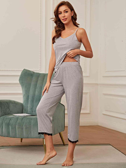 V-Neck Lace Trim Slit Cami and Pants Pajama Set Carauana Store
