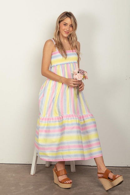 VERY J Striped Woven Smocked Midi Cami Dress Carauana Store