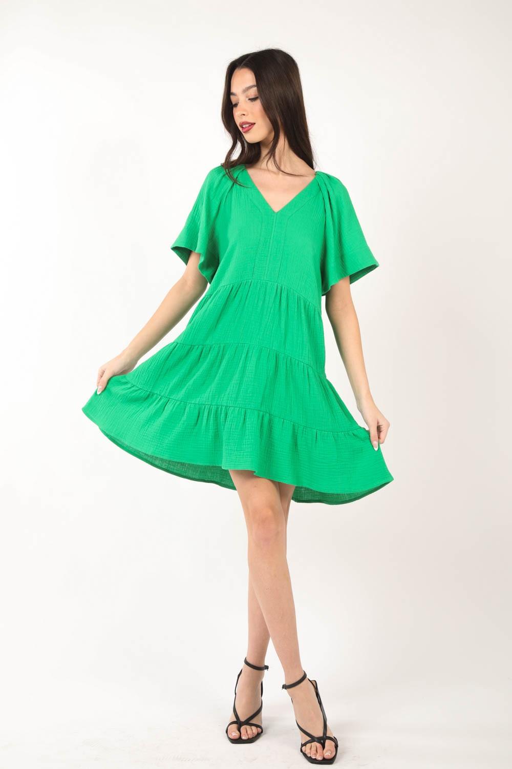 VERY J Texture V-Neck Ruffled Tiered Dress Carauana Store