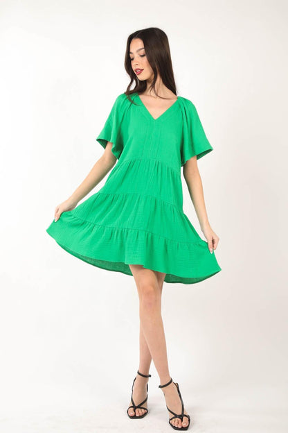 VERY J Texture V-Neck Ruffled Tiered Dress Carauana Store