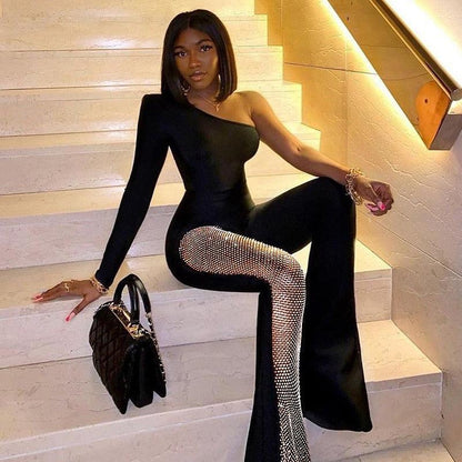 Vip Jumpsuits Rhinestones Bodycon Flared Slim Fit High Waist One-piece Outfits Carauana Store