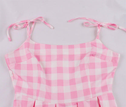 Women Vintage Barbiee Pink Plaid Dress Carauana Store