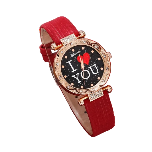 Wristwatch with red strap and 'I LOVE YOU' text