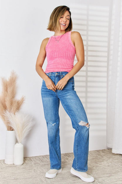 Zenana Ribbed Washed Round Neck Tank Carauana Store