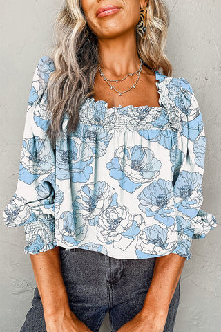 Sky Blue Floral Print Frilly Smocked Square Neck Long Sleeve Blouse