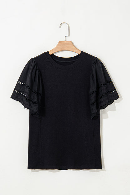 Black Hollow Out Embroidered Short Sleeve O Neck Top