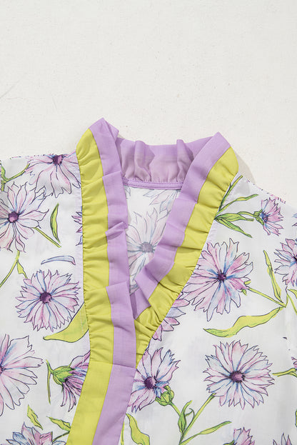 Purple Floral Print Striped Detail Split Neck Flounce Short Sleeve Peplum Blouse