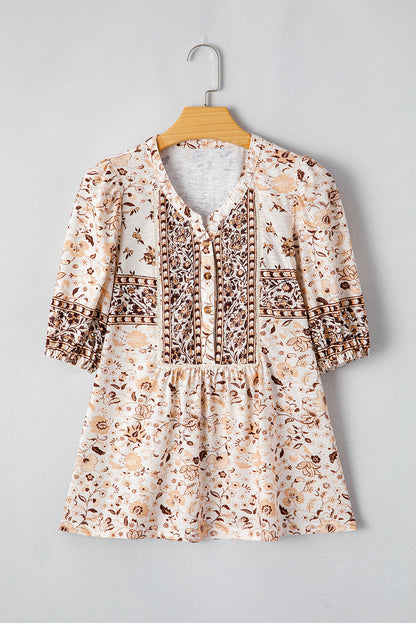 Khaki Boho Floral Print Half Placket Short Sleeve Loose Blouse