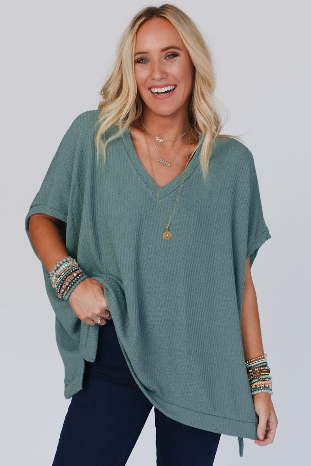 Moonlight Jade Oversized Ribbed Knit V Neck Dolman Short Sleeve Top