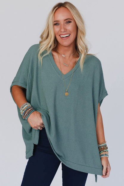 Moonlight Jade Oversized Ribbed Knit V Neck Dolman Short Sleeve Top