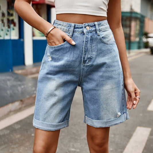 Distressed Buttoned Denim Shorts with Pockets Carauana Store