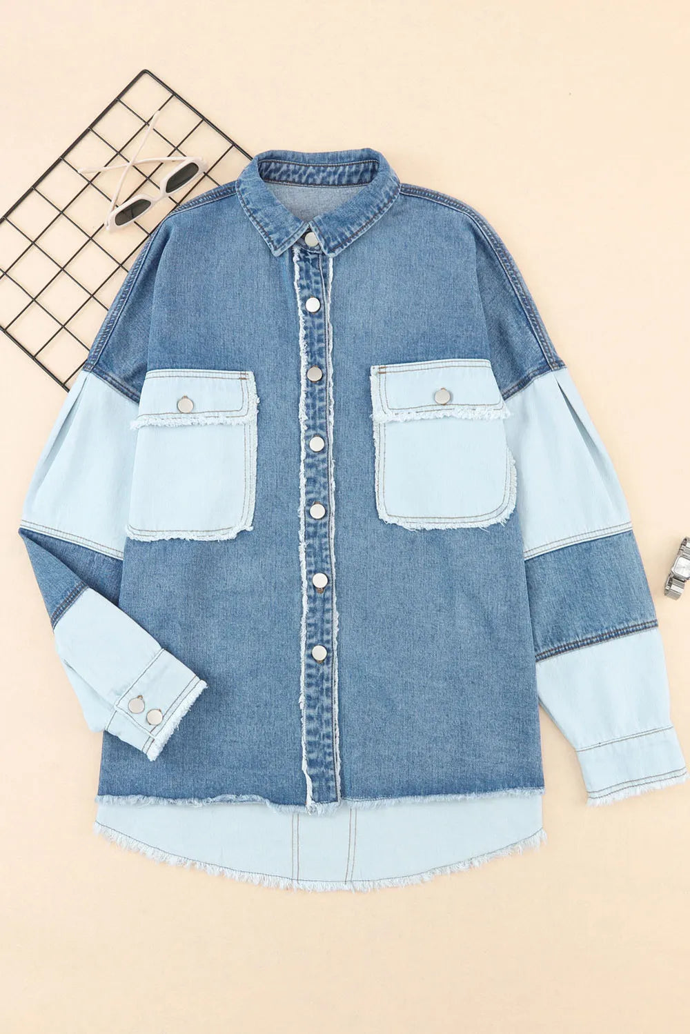 Raw Hem Color Block Denim Jacket Carauana Store