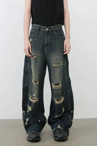 Men's Frayed Hem Distressed Wide Leg Jeans