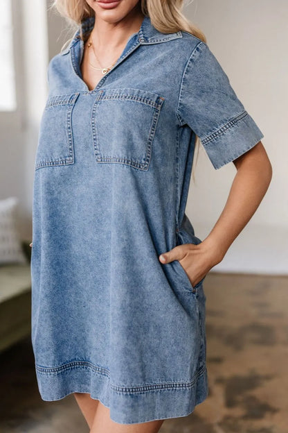 Short Sleeve Collared Patched Pocket Denim Mini Dress Carauana Store