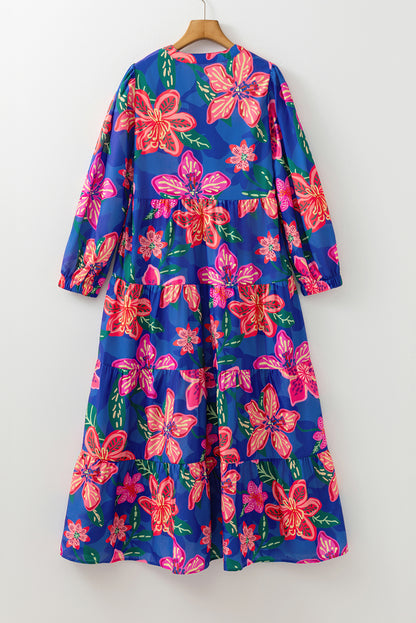 Blue Floral Print 3/4 Sleeve V Neck Tiered Long Dress