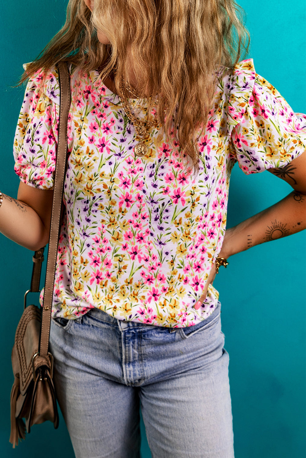 Pink Floral Puff Short Sleeve Crewneck Blouse