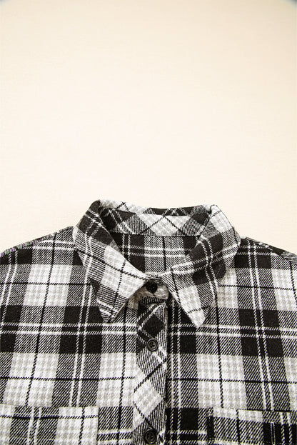 Black Plaid Print Chest Pockets Buttoned Shirt