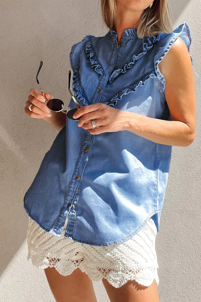 Sky Blue Mineral Wash Frilled Button Up Denim Shirt