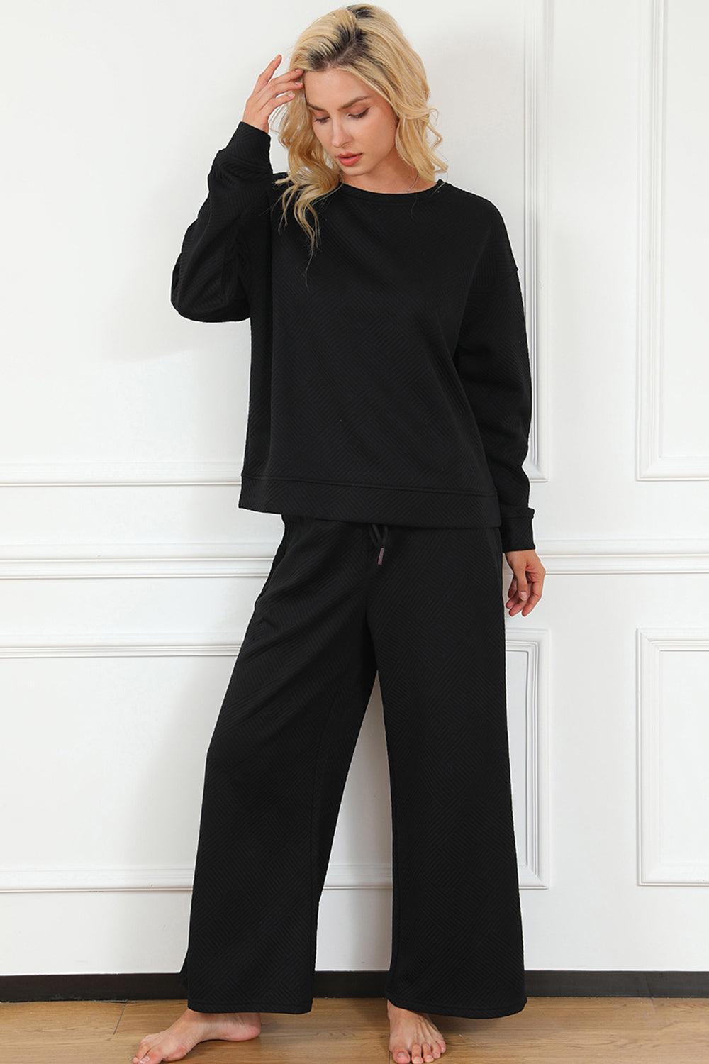 Double Take Full Size Textured Long Sleeve Top and Drawstring Pants Set Carauana Store