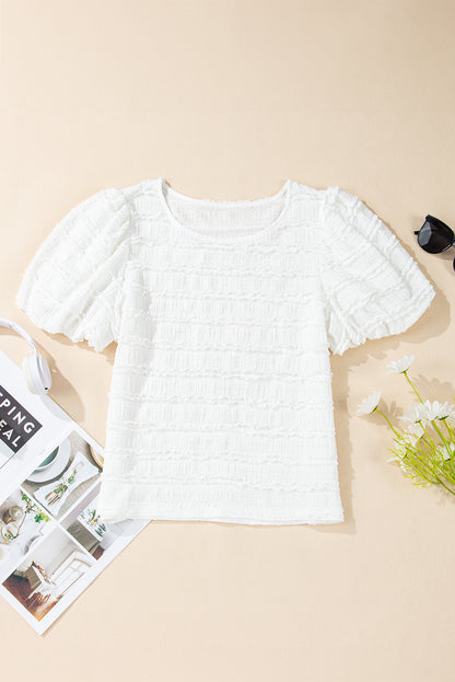 White Frilled Lace Trim Bubble Sleeve Blouse