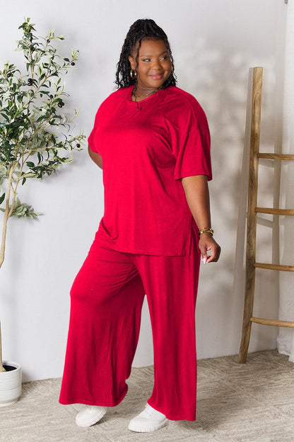 Double Take Full Size Round Neck Slit Top and Pants Set Carauana Store