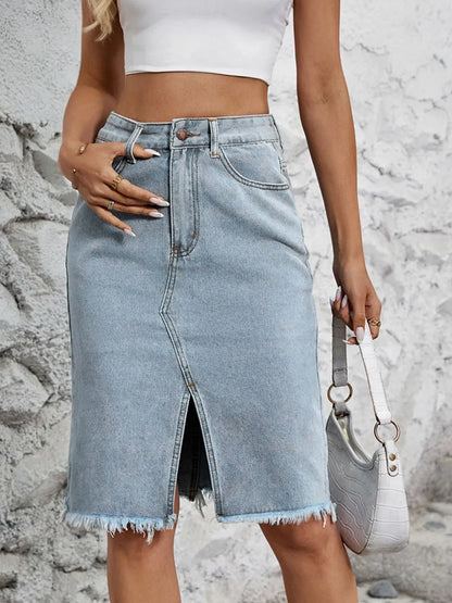 Raw Hem Slit Denim Skirt Carauana Store