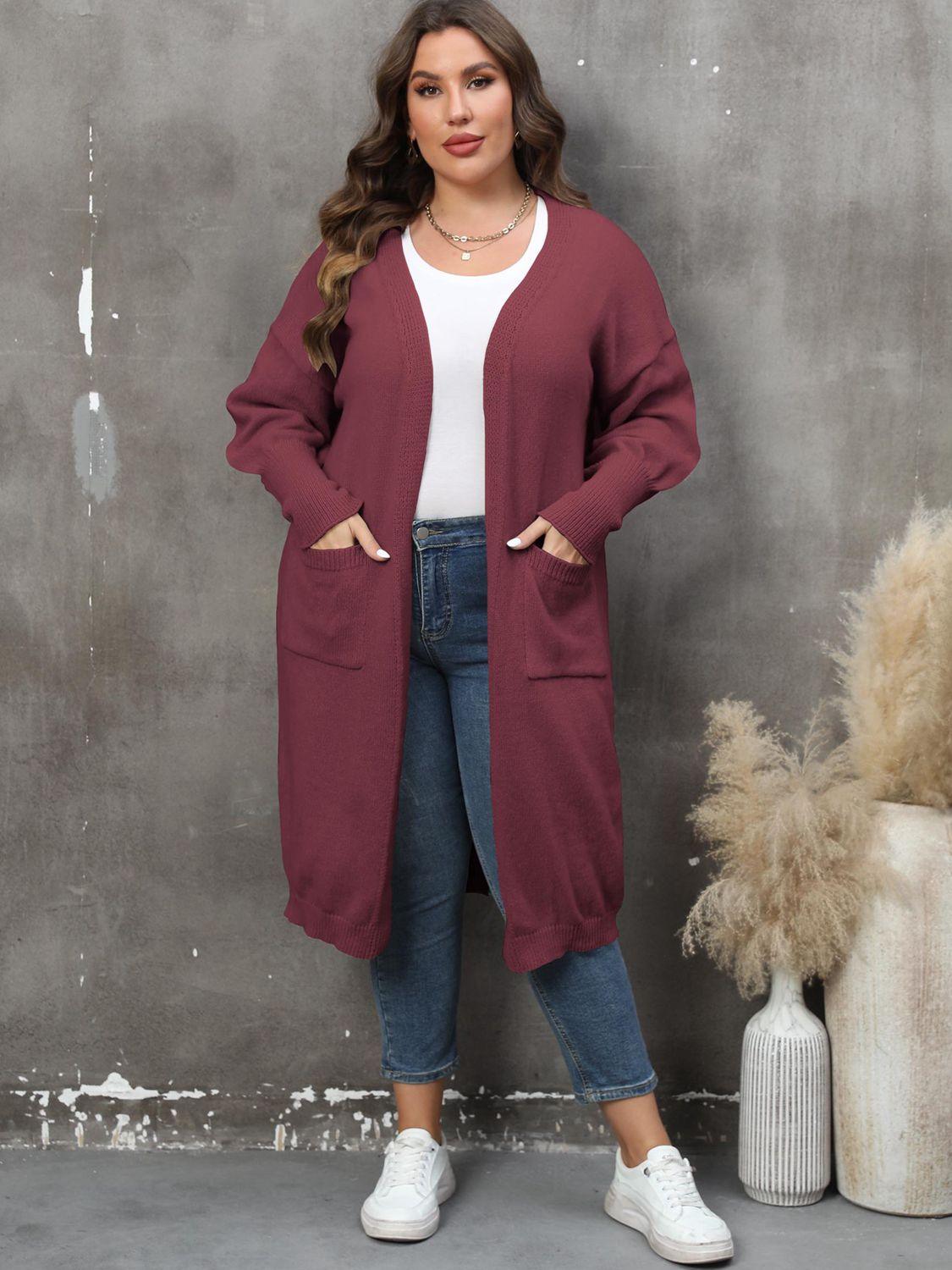 Plus Size Long Sleeve Pocketed Cardigan Carauana Store