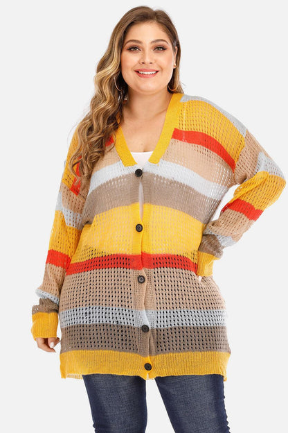 Plus Openwork Color Block Button Up Cardigan Carauana Store