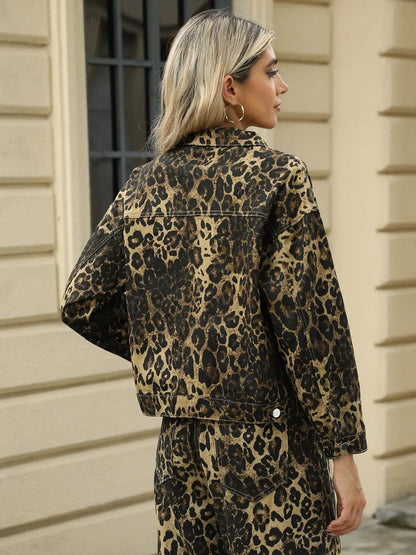 Pocketed Leopard Long Sleeve Denim Jacket Carauana Store