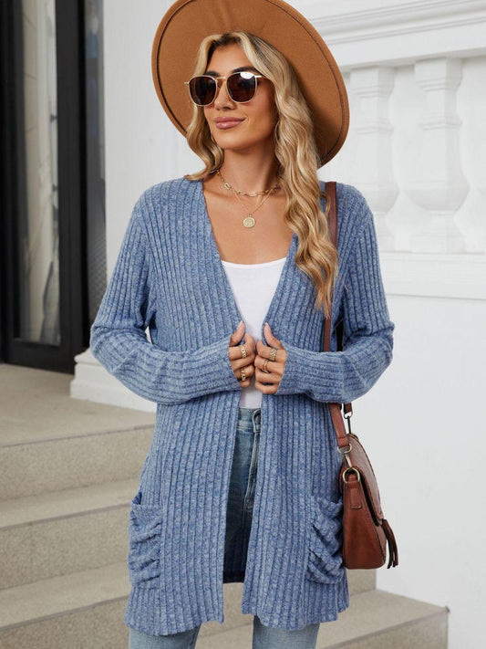 Pocketed Open Front Long Sleeve Cardigan Carauana Store