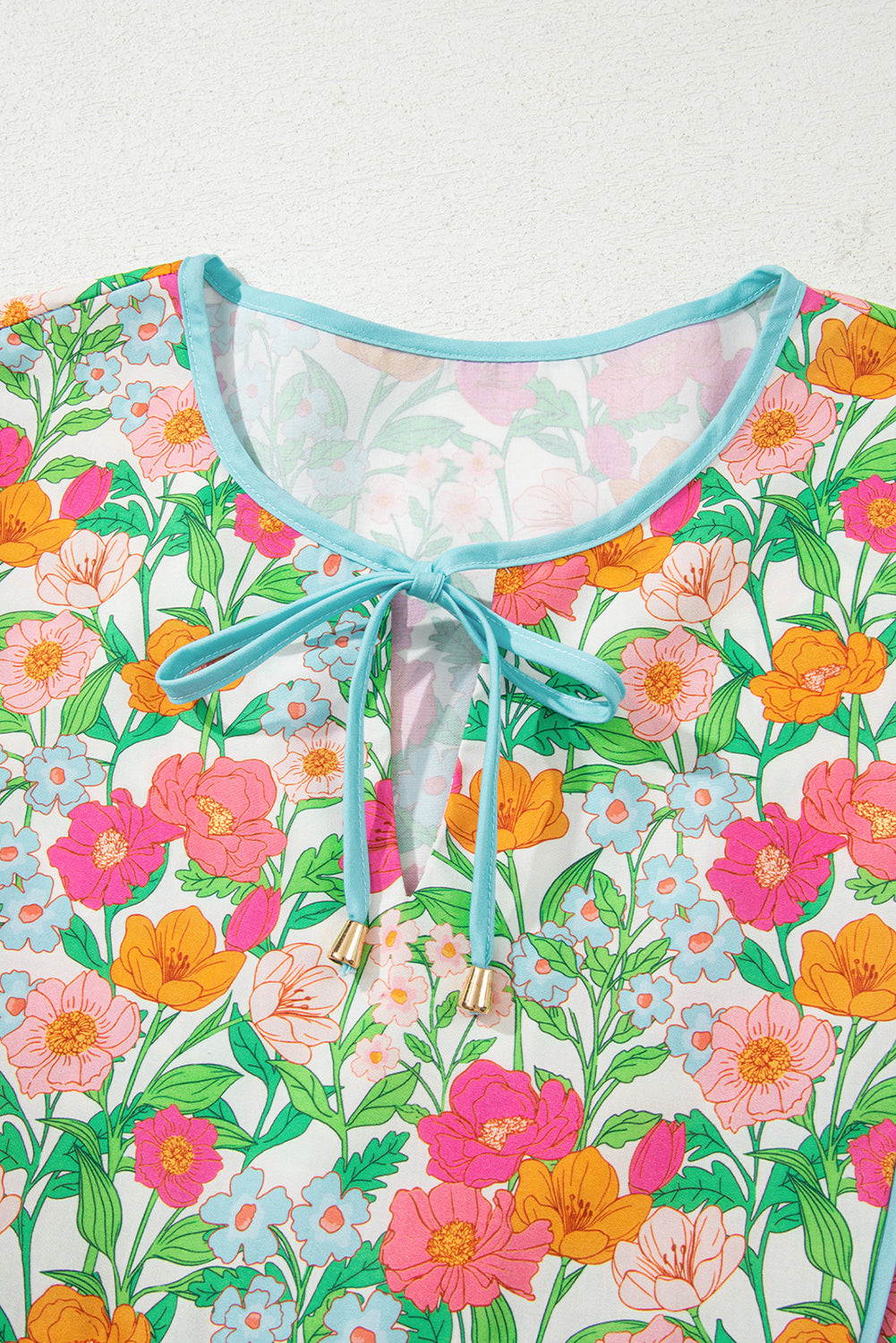 Green Floral Print Striped Trim Tie Neck Puff Sleeve Babydoll Blouse