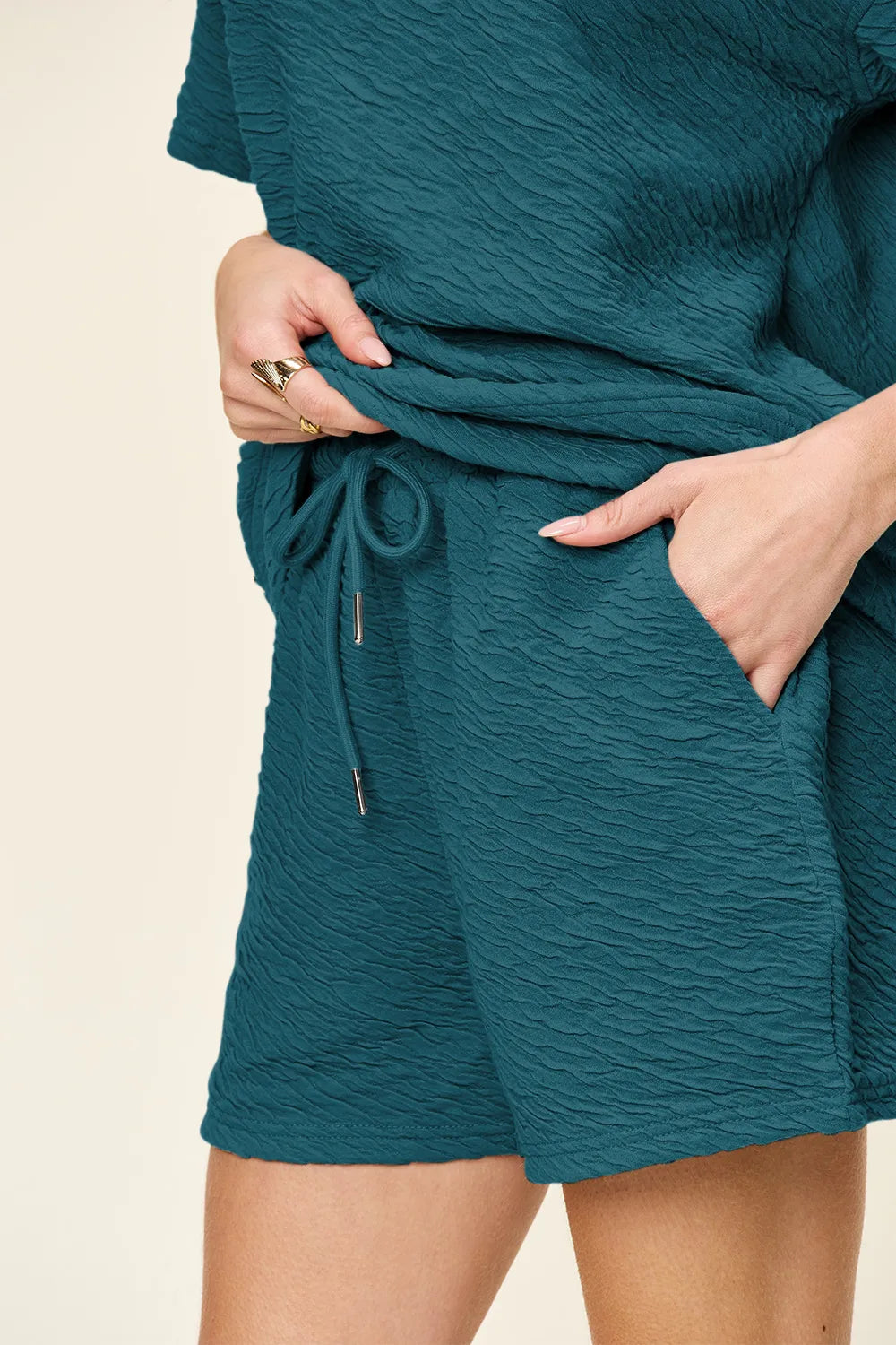 Double Take Full Size Texture Short Sleeve T-Shirt and Drawstring Shorts Set Carauana Store