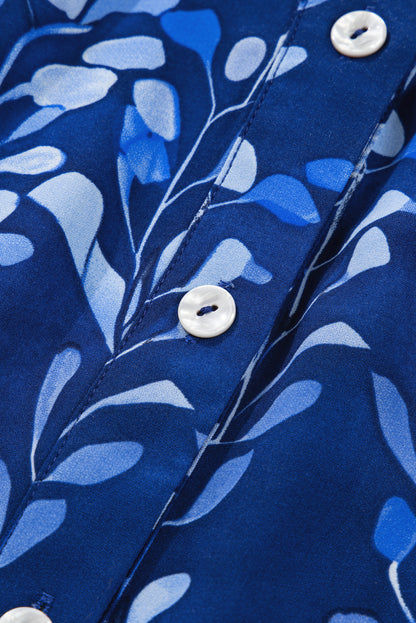 Blue Botanical Print Bracelet Sleeve Notched Neck Blouse